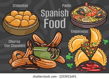 Spanish food. A set of classic dishes. Cartoon hand drawn illustration.