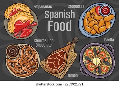 Spanish food. A set of classic dishes. Cartoon hand drawn illustration.