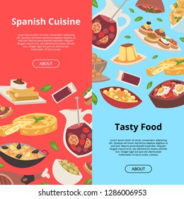 Spanish food vector pattern traditional european cuisine meal of spain backdrop restaurant menu dinner lunch mediterranean paella cheese tapas background set