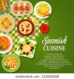 Spanish food vector poster with vegetable tapas, fish, meat and seafood dishes. Bean sausage and shrimp cream soup, tuna, egg and olive salad, sardine toast pincho and eggplant pepper stew, menu cover