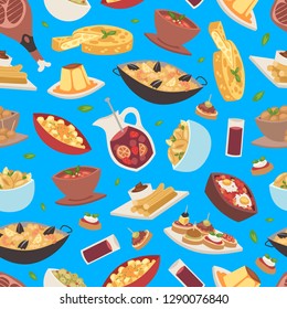 Spanish food vector seamless pattern traditional european cuisine meal of spain backdrop restaurant menu dinner lunch mediterranean paella cheese tapas background