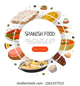 Spanish food web banner. Delicious traditional dishes of Spain landing page, website cartoon vector