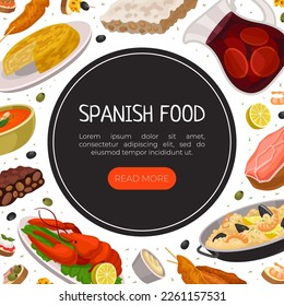 Spanish food web banner template. Delicious traditional dishes of Spain landing page, website cartoon vector