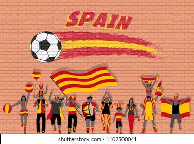 Spanish football fans cheering with Spain flag colors in front of soccer ball graffiti. All the objects are in different layers and the text types do not need any font. 