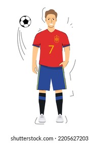 Spanish football team. A man in a football uniform with a ball. Isolated vector. Red T-shirt and blue shorts, sportswear. Male soccer player