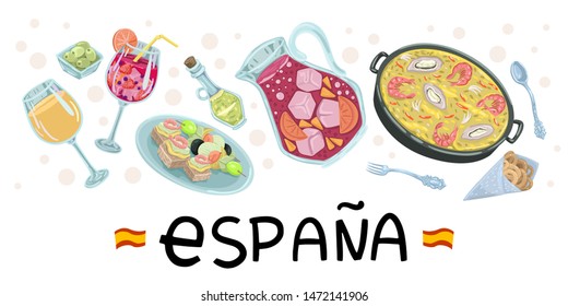 Spanish gastronomic flyer, food icons - symbols of tapasav and wine, restaurant menu title, design recipes. Vector flat illustration on white background. Banner design