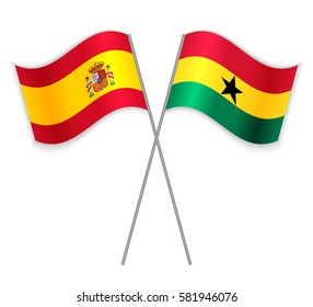 Spanish and Ghanaian crossed flags. Spain combined with Ghana isolated on white. Language learning, international business or travel concept.