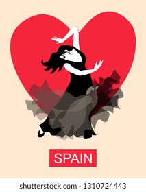 Spanish girl in black long dress with tranculent shawl in shape of flying bird, dancing flamenco on heart background.