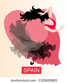  Spanish girl dancing flamenco with a black translucent shawl in the shape of a bird against the backdrop of a large pink heart. Concert banner.