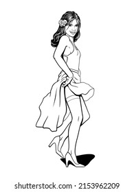 Spanish Girl Dancing. Vector Ink Style Outline Drawing. Coloring Page. Shadow Is The Separate Object.