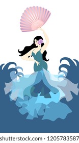 
Spanish girl, dressed in long dress with ruffles and holding fan in shape of sea shell, flamenco dancing against backdrop of the sea.