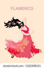 Spanish girl dressed in long red dress, decorated with garlands of roses and with small flowers in her hair, is dancing flamenco with translucent shawl in shape of flying fairy bird. Beautiful card.