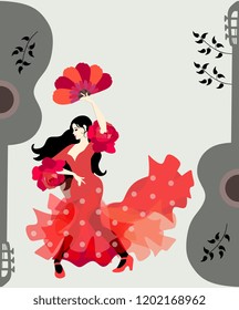 Spanish girl dressed in traditional flying red dress with polka dots and holding fan in her hands dancing flamenco. Silhouettes of guitars and branches with leaves on gray background.