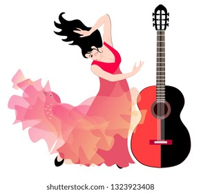 Spanish girl - flamenco dancer and big black and red guitar isolated on white background.