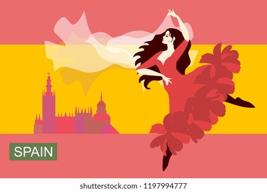 Spanish girl with fluttering hair, dancing flamenco with shawl in her hands in  form of flying bird against the background of stylized flag of Spain with the silhouette of city in distance. Vector.