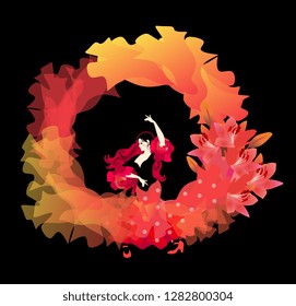 Spanish girl in a long dress dancing flamenco isolated on black background. The soaring hem of the dress and manton form a beautiful ring of fire.