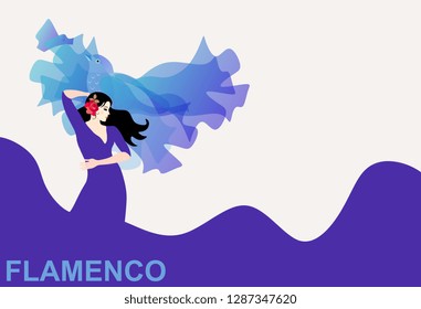 Spanish girl in a long purple dress, whose hem is like the sea, is dancing flamenco with a shawl that looks like a soaring blue bird. Place for text. Banner, poster.