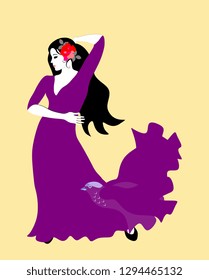 Spanish girl in a long purple dress, flying up the hem of which looks like a bird, is dancing flamenco isolated on yellow background.