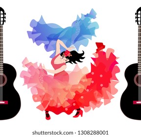  Spanish girl in a long red polka-dot dress is dancing flamenco with two translucent shawls that look like flying birds. Black silhouettes of guitars as a frame. Concert poster.