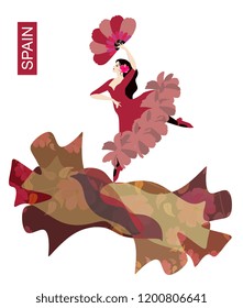 Spanish girl in national dress with fan in her hands dancing flamenco isolated on white background in vector. Shawl in the form of a flying bird. Banner.