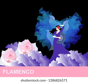 Spanish girl with rose in hair and fan in hand, is dancing flamenco. Hem of dress is like sea waves, foam on waves crest is like huge roses. Flying blue shawl behind back like flock of magical birds.