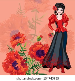 Spanish girl with scarlet and red poppy