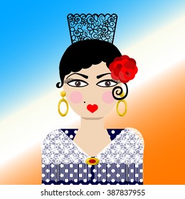 Spanish girl, spain woman in traditional costume, flamenco dancer, cartoon style, vector EPS 10