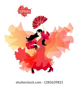 Spanish girl in traditional red dress, with a fan in his hand, dancing flamenco on a white background. The shawl behind her looks like a flying bird.