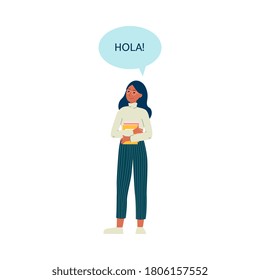 Spanish girl or young woman cartoon character saying Hola, flat vector illustration isolated on white background. Communication, diversity and multicultural.