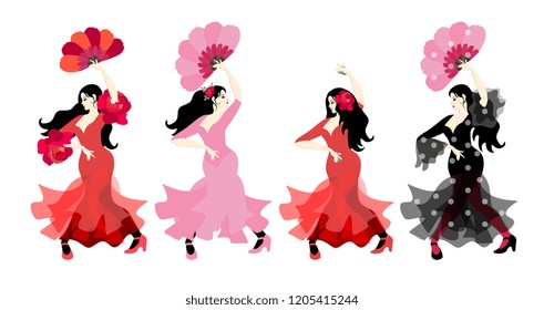 Spanish girls in colorful long dresses with castanets and fans dancing flamenco in their hands isolated on white background in vector. Great collection.