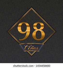 Spanish golden number ninety-eight years (98 years) celebration design. Anniversary golden number with luxury backgrounds for your birthday party