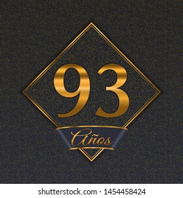Spanish golden number ninety-three years (93 years) celebration design. Anniversary golden number with luxury backgrounds for your birthday party