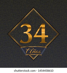 Spanish golden number thirty-four years (34 years) celebration design. Anniversary golden number with luxury backgrounds for your birthday party