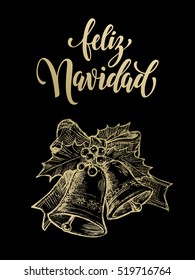 Spanish greeting Feliz Navidad Merry Christmas gold bell ornament with vector golden glittering lettering on black background