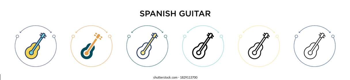 Spanish guitar icon in filled, thin line, outline and stroke style. Vector illustration of two colored and black spanish guitar vector icons designs can be used for mobile, ui, web