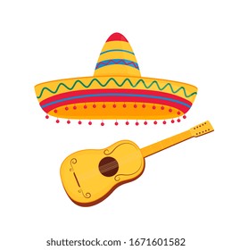 Spanish guitar and mexican sombrero vector illustration isolated on white background