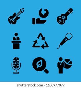 spanish guitar, microphone, search, ecology, microphone, recycling, presentation, electric guitar and speech vector icon. Simple icons set