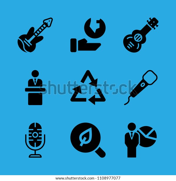 spanish guitar, microphone, search, ecology,\
microphone, recycling, presentation, electric guitar and speech\
vector icon. Simple icons\
set