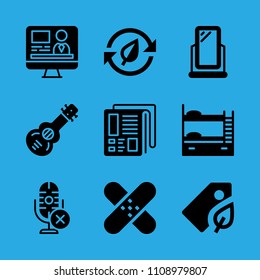 spanish guitar, newspaper, patch, mirror, television, microphone, bunk, tag and recycling vector icon. Simple icons set