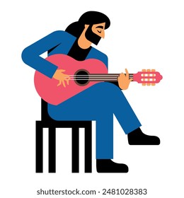 Spanish guitarist playing flamenco sitting on a chair