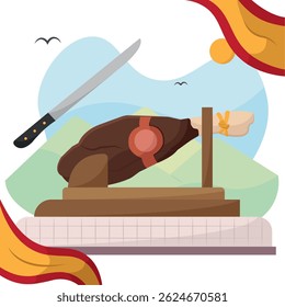 Presunto espanhol com faca de corte. Ilustração vetorial