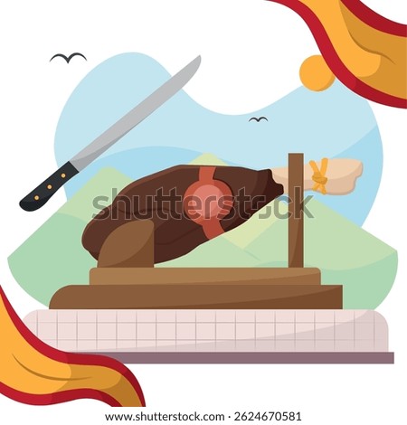 Spanish ham with slicing knife. Vector illustration