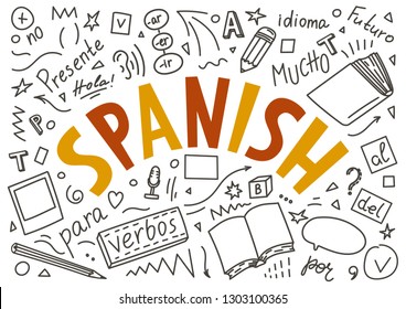 Spanish. Hand drawn doodles and lettering on white background. "Presente, hola, idioma, Futuro, mucho, para, verbos, no". Translate: "Present, hello, language, Future, a lot, for, verbs, no".