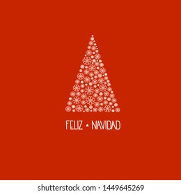 Spanish hand lettering Feliz Navidad Merry Christmas on greeting card with fir tree made of white snow flakes on red background. Minimalist retro vintage style template for holiday poster  invitation