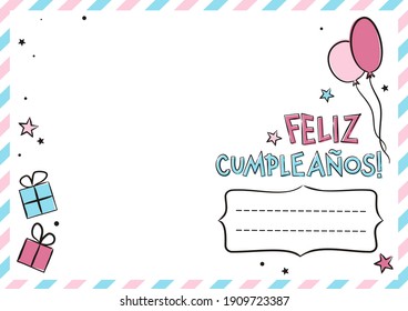 Spanish Happy Birthday postcard with balloons and gift boxes. Cute greeting card. Hand drawn envelope. Vector festive illustration for Spain. Translation: Happy Birthday