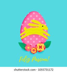 Spanish Happy Easter greeting card of egg with pattern and paper cut cartoon bunny on floral background. Vector Feliz Pascua. or Easter Hunt holiday poster