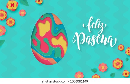 Spanish Happy Easter greeting card of egg paper cut, spring flowers pattern on floral background for Easter Hunt or Feliz Pascua holiday papercut design