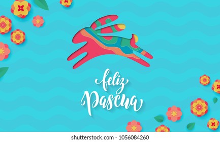 Spanish Happy Easter greeting card of bunny paper cut for Feliz Pascua holiday design. Vector spring flowers pattern on floral background for Easter Egg Hunt cartoon poster