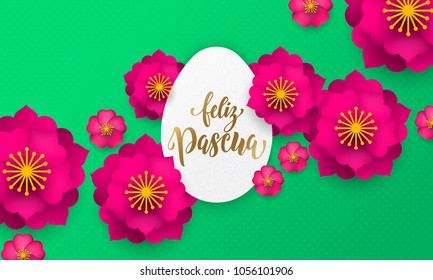 Spanish Happy Easter greeting card of egg paper cut, spring flowers and gold text on floral pattern background for Easter Hunt holiday papercut design