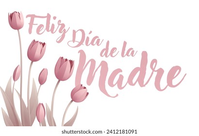 Spanish Happy Mothers Day Feliz Dia De La Madre paper craft or paper cut origami style floral tulip flowers design. With pink tulips background corner frame design elements. 